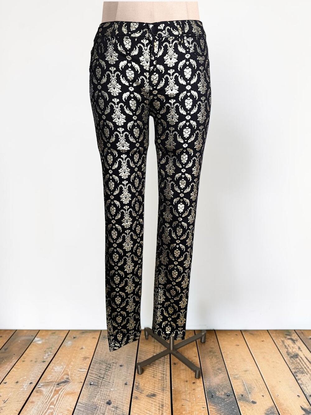 TINSELTOWN Damask Print Metallic Gold Print Black Stretch Pants 7 30"X29"